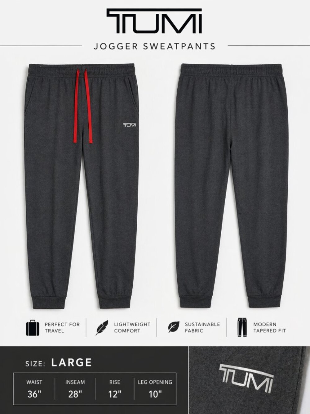 Tumi Charcoal Jogger Sweatpants Size L Athleisure Lounge Pants ID:006